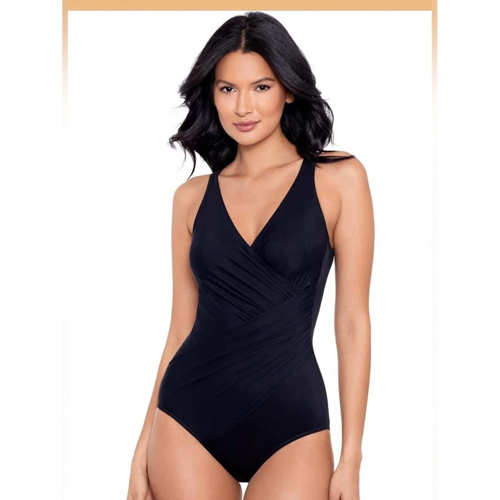 Miraclesuit One Piece Swimsuit Women 12 Black Revell Draped Surplice Slimming